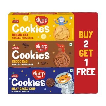 Slurrp Farm No Maida No Refined Sugar Assorted Pack of Cookies | Buy 2 Get 1 Free | Banana Oat, Choco Ragi and Milky Choco Chip | Healthy Cookies Made With Multigrains | Perfect for tiffins, travel or snack time | Pack of 3 x 80g
